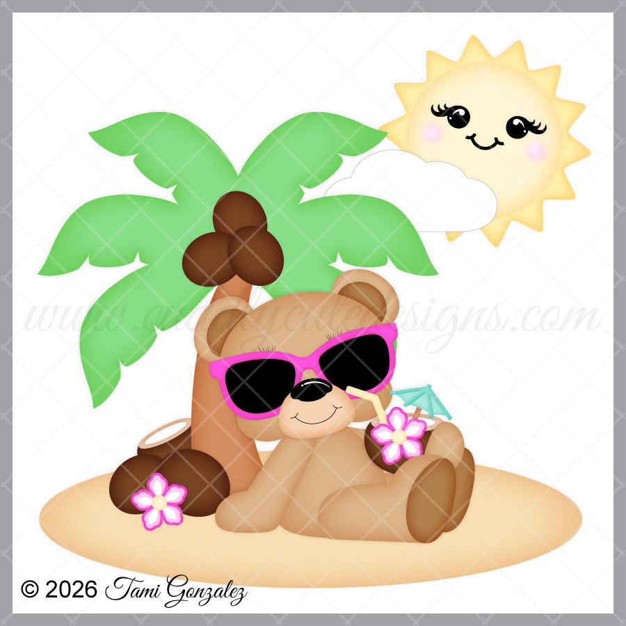 Cartoon bear with sunglasses and a drink under a palm tree with a smiling sun above.