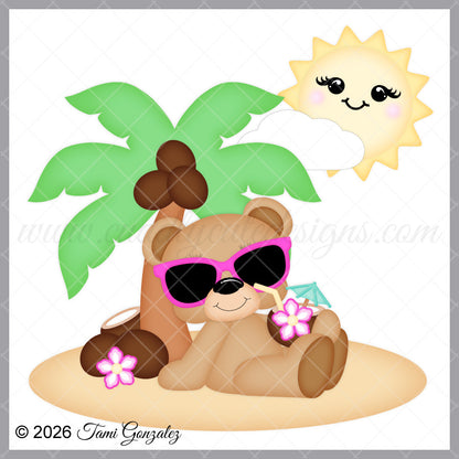 Cartoon bear with sunglasses and a drink under a palm tree with a smiling sun above.