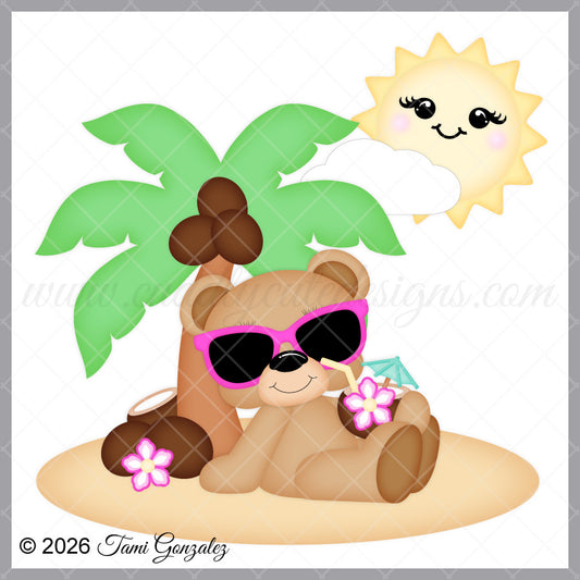 Cartoon bear with sunglasses and a drink under a palm tree with a smiling sun above.